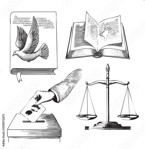 black and white depicts a flying towards an open book alongside a scale of justice and a ballot box.