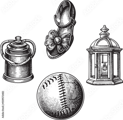 vintage showcases a delicate shoe a decorative jar a lantern and a leather ball.