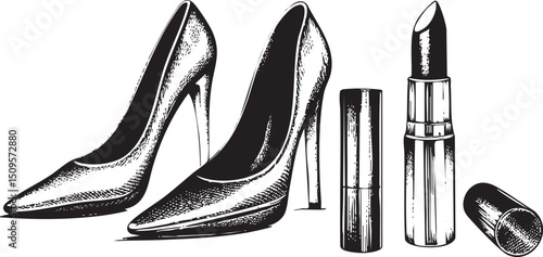 Two high-heeled shoes and a lipstick stand upright on a surface.