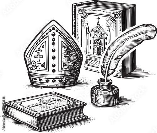 bishop’s mitre book quill and church architectural elements are depicted in a detailed black and white .