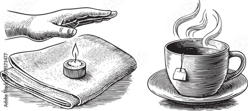 hand gently places a lit candle beside a steaming cup of tea.