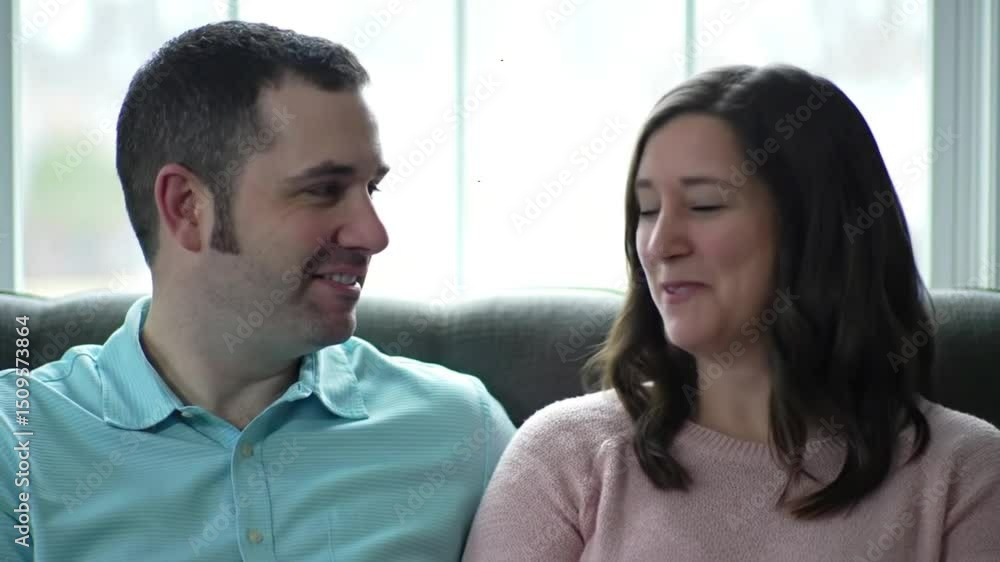 Happy Couple Sharing Intimate Moment: Gazing Lovingly on Sofa by Bright Window Happy Couple Sharing Intimate Moment: Gazing Lovingly on Sofa by Bright Window