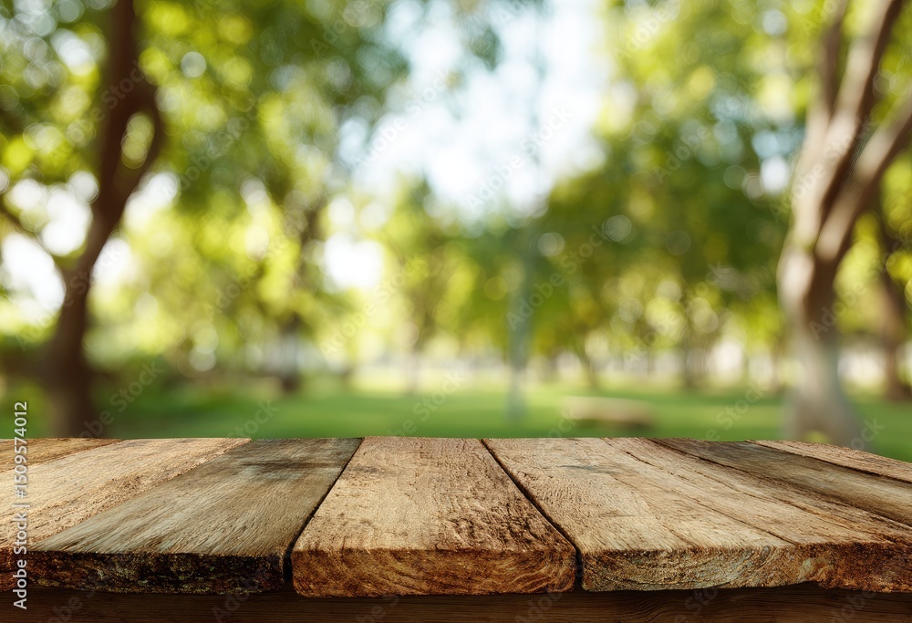 Rustic wooden planks tabletop against a softly blurred backdrop of a sun-dappled green orchard Rustic wooden planks tabletop against a softly blurred backdrop of a sun-dappled green orchard