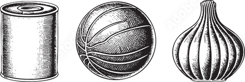 Three simple food items – a can a basketball and an onion – are presented in black and white.