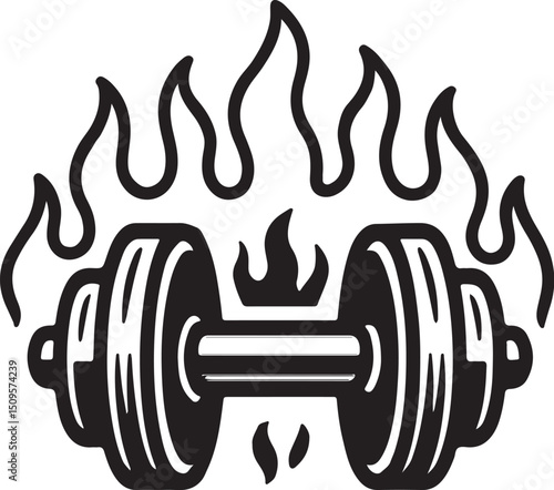 Fitness dumbbell and flames, bold line vector