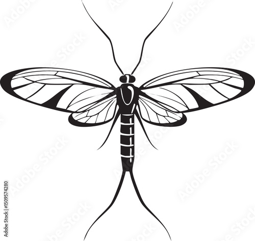detailed black and white of a slender dragonfly hovering in mid-air.