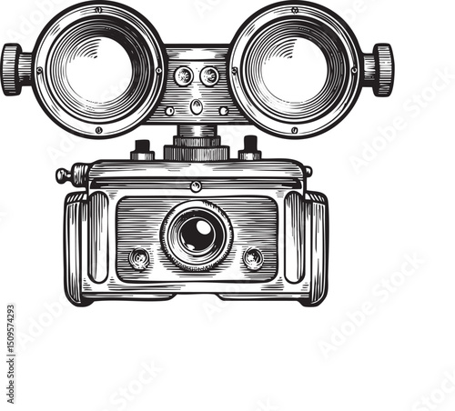 Vintage camera with lenses rests on a white surface.