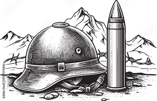 weathered helmet rests beside a cylindrical artillery against a mountainous backdrop.