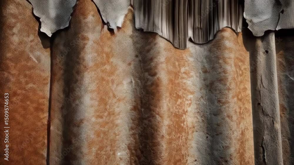 Close up of old weathered wood and corrugated metal wall with rust and texture providing industrial background