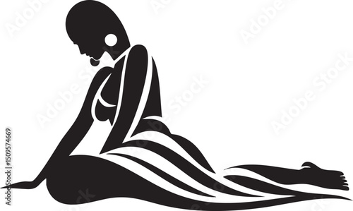 solitary figure relaxes on a white surface gazing downwards.