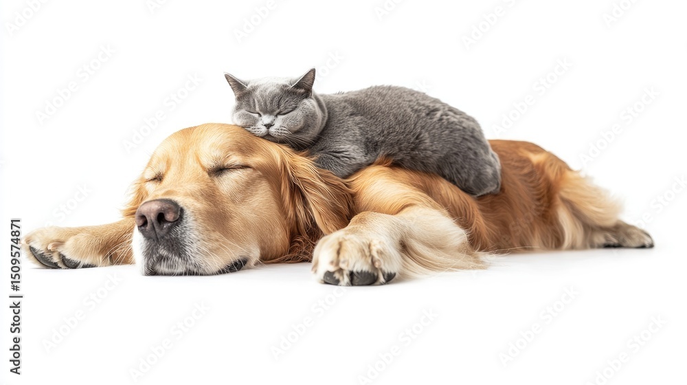 Obraz premium Golden retriever dog and gray cat sleeping together.