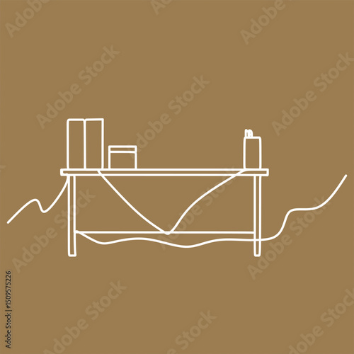 Continuous one line drawing desk office. Vector illustration education and work supplies professional theme.