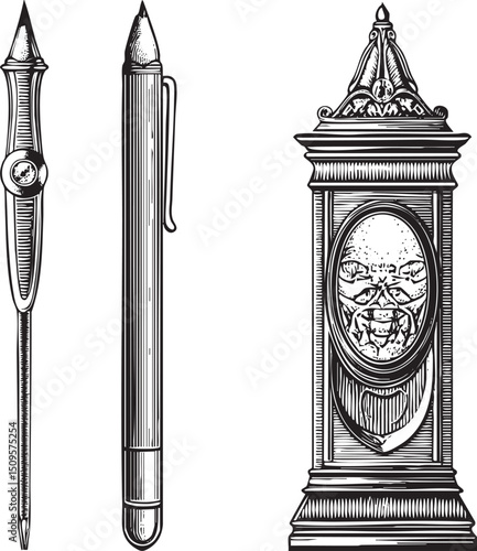 black and white pen rests beside a decorative clock.