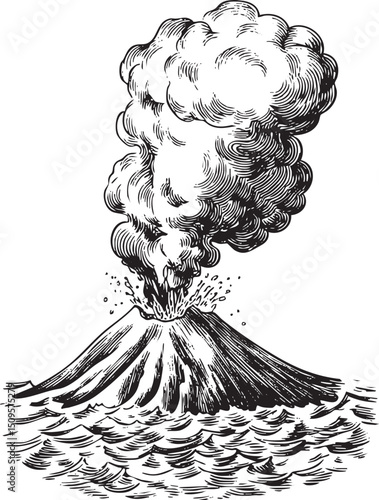 volcanic eruption sends billowing smoke and into the sky above a turbulent ocean.