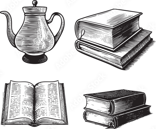 vintage teapot and stack of antique books are displayed in a detailed black and white .