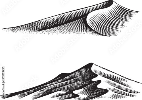 stylized black and white depicts a sweeping dune against a clear expansive sky.