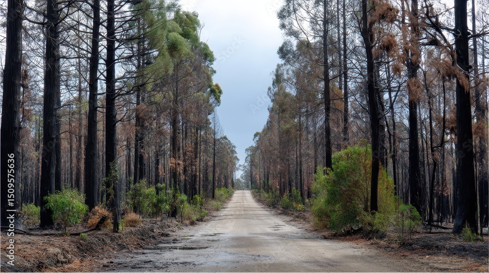 Obraz premium Road Through a Fire-Scorched Pine Forest Regeneration and Resilience
