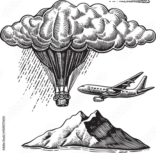small airplane descends towards a hot air balloon amidst dramatic clouds.