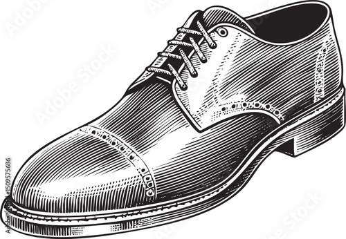 single black leather shoe rests on a white surface.