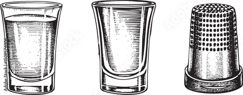 Three glass vessels—a water glass a shot glass and a thimble—are arranged in a linear composition.