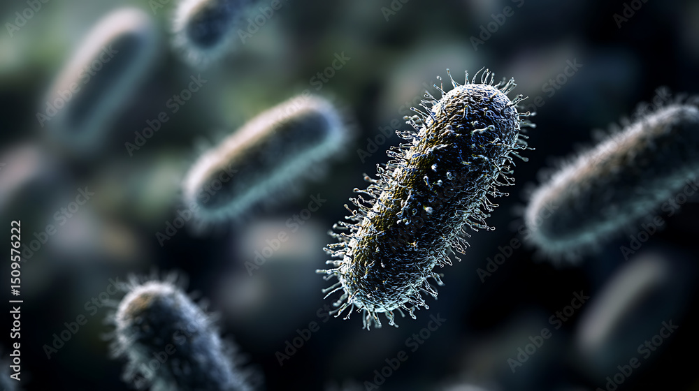 Fototapeta premium Microscopic View of Bacteria: Rod-Shaped Microorganisms with Surface Projections