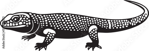 patterned lizard moves smoothly along a white surface.