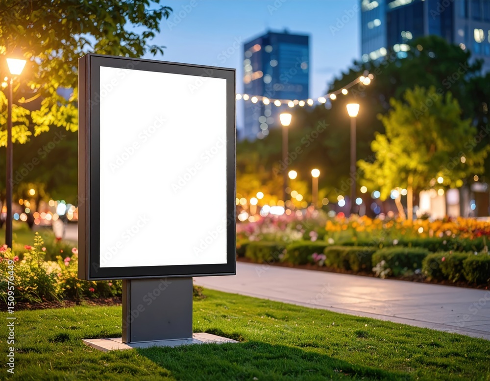 Fototapeta premium Blank Billboard in City Park at Dusk with Lights and Modern Building