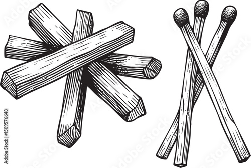 Two wooden sticks are crossed with tinder attached to the ends.