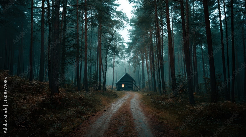 Fototapeta premium Mysterious Cabin Hidden Deep Within a Misty Pine Forest