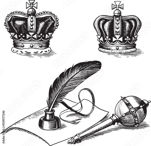Two ornate crowns rest above a quill and inkwell on aged parchment.