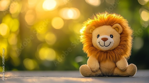 Cute Toy Lion with Fluffy Mane Against Soft Bokeh Background