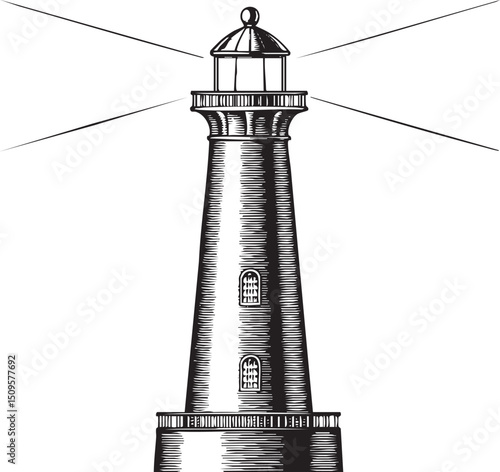 tall black lighthouse stands prominently against a clear sky.