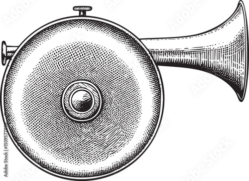 vintage black and white depicts a large circular horn.