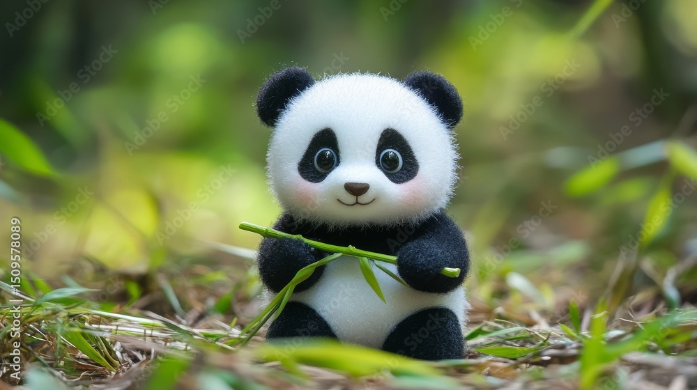 Cute and Adorable Panda Holding Bamboo in Natural Green Habitat Cute and Adorable Panda Holding Bamboo in Natural Green Habitat