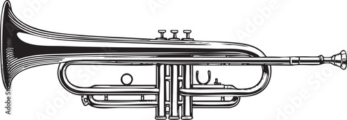 detailed black and white of a gleaming brass trumpet.