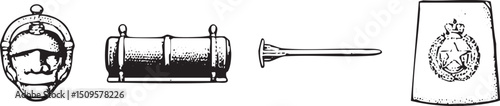 vintage heraldic  a drum and a bugle are arranged in a row.