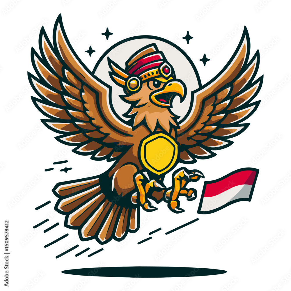 Obraz premium Garuda Pancasila Cartoon Graphic With Indonesian Flag And Circular White Background