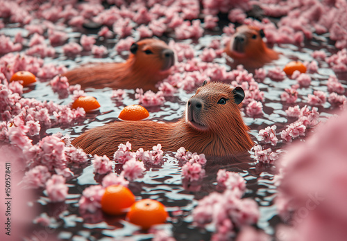 Three cute capybaras relax in a dreamy, pink-hued hot bath filled with cherry blossoms and tangerines. Calm expressions and the whimsical setting create a serene and surreal image.