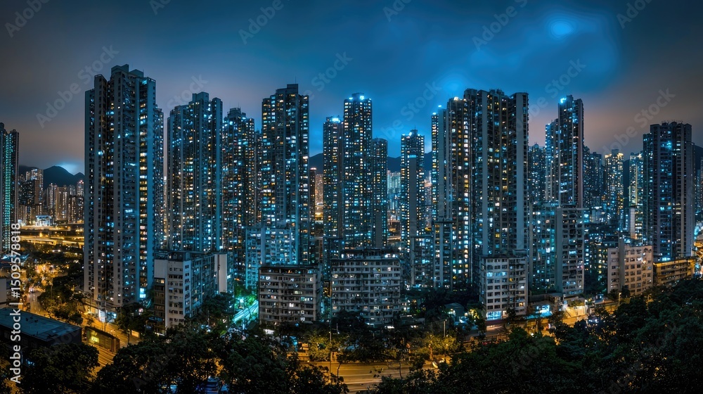 Obraz premium Cityscape at twilight, illuminated high-rise buildings.