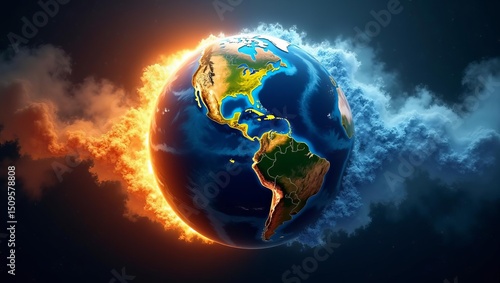 Earth planet showing a dramatic global climate change scenario with one side consumed by fire and the other encased in ice.