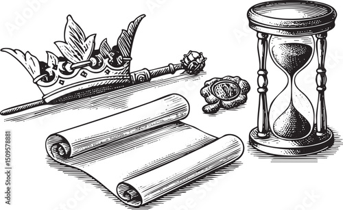 regal crown a scepter and an hourglass rest upon an ancient parchment.