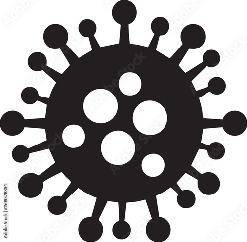 stylized circular virus with numerous white dots and protruding elements.