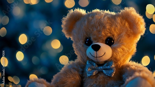 Cute Toy Bear with Bow Tie Surrounded by Soft Bokeh Lights