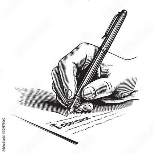 hand skillfully uses a vintage fountain pen to write the word ‘Endorsement’ on a formal document.