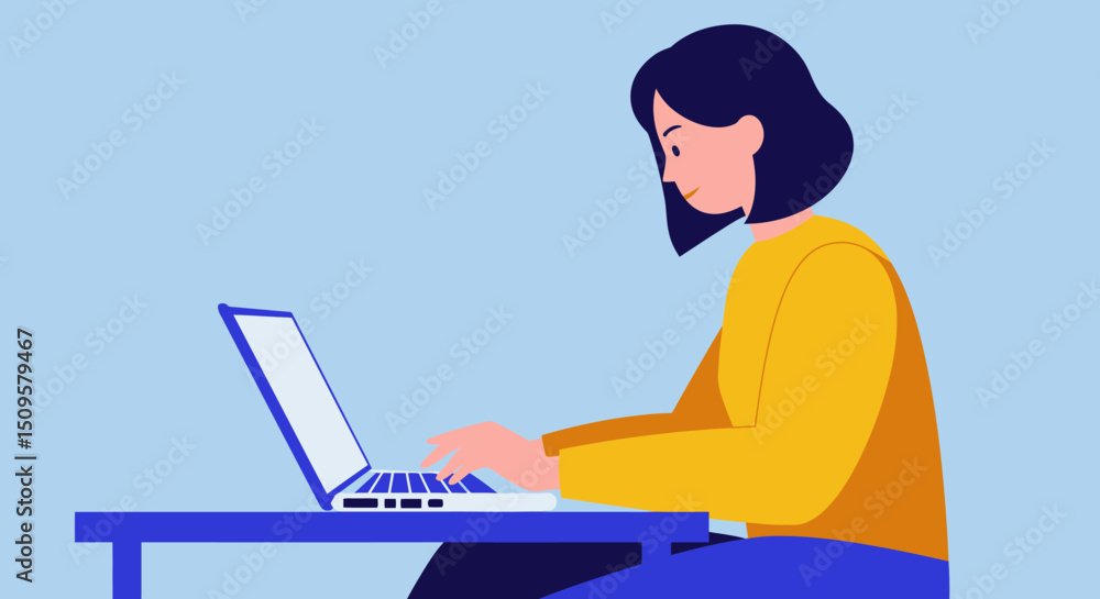 Young Woman Working on Laptop – Remote Work Flat Illustration Young Woman Working on Laptop – Remote Work Flat Illustration