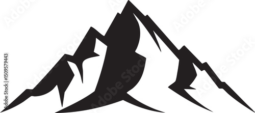 stark silhouette of three mountains rises against a clean white background.