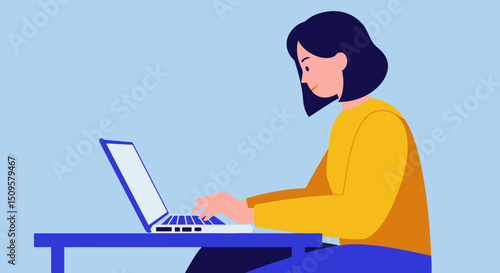 Young Woman Working on Laptop – Remote Work Flat Illustration