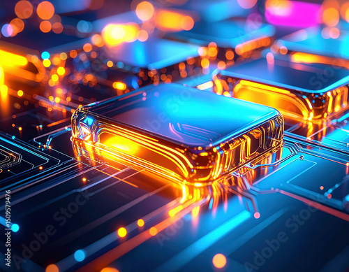 Digital Innovation: Glowing translucent circuit boards and microchips illuminate a futuristic technological landscape. The vibrant, high-tech design creates a sense of innovation and progress. 