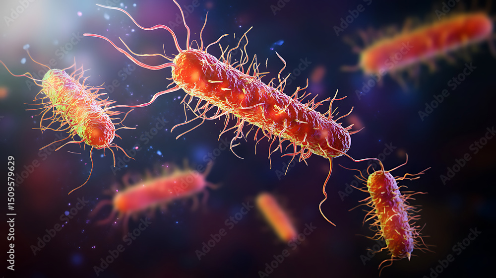 Microscopic View of Bacteria with Flagella in a Dark Environment Microscopic View of Bacteria with Flagella in a Dark Environment