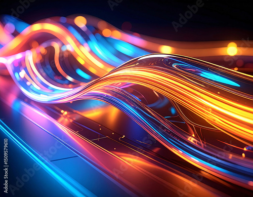 Abstract Digital Data Flow: A mesmerizing visualization of data streams cascading across a dark backdrop, rendered with a vibrant palette of glowing neon lines.